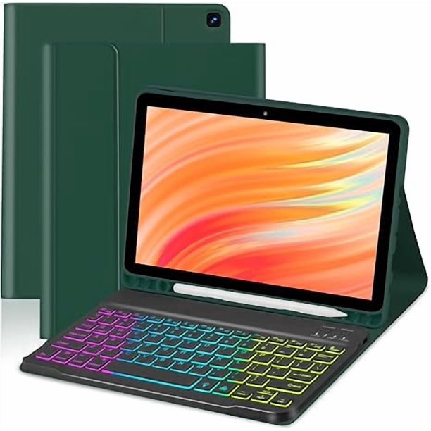 Funda con Teclado Retroiluminado Arcoíris con Ranura para Lápiz, Verde Oscuro para 10.1" 2021/2023