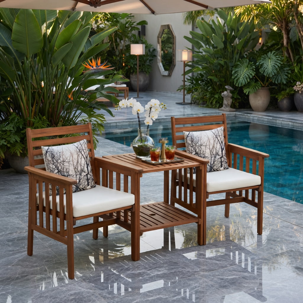 Hommoo 3-Piece Acacia Wood Outdoor Patio Furniture Set, Loveseat with Cushions & Umbrella Hole Coffee Table, White
