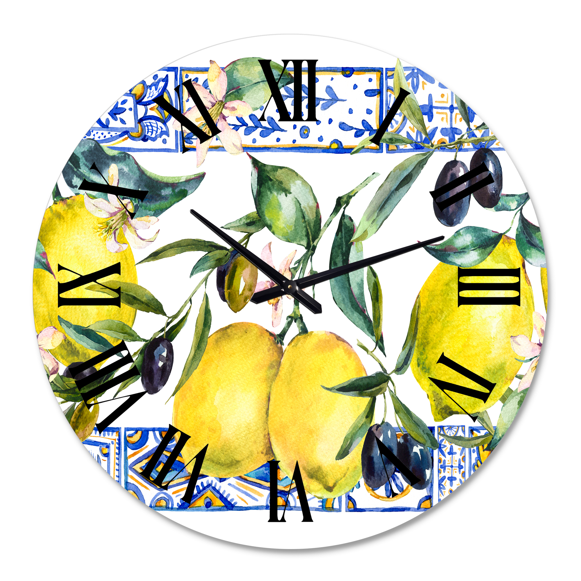 Designart 'Lemon Ornament On Blue Geometrical Pattern Ii' Tropical Wall Clock