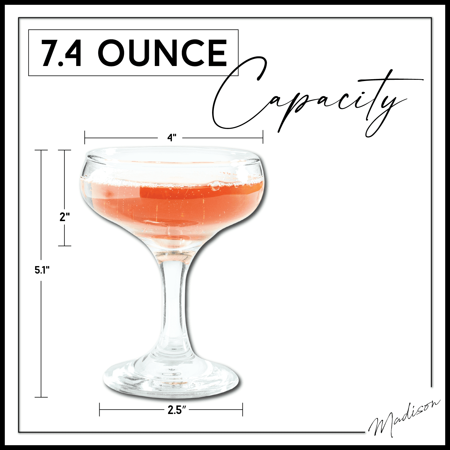 Madison - 7.4 Ounce Champagne Coupe Glasses, Thick and Durable Glass, Beautiful Old Style Sparkling Wine Saucers, Dishwasher Safe, Set of Six