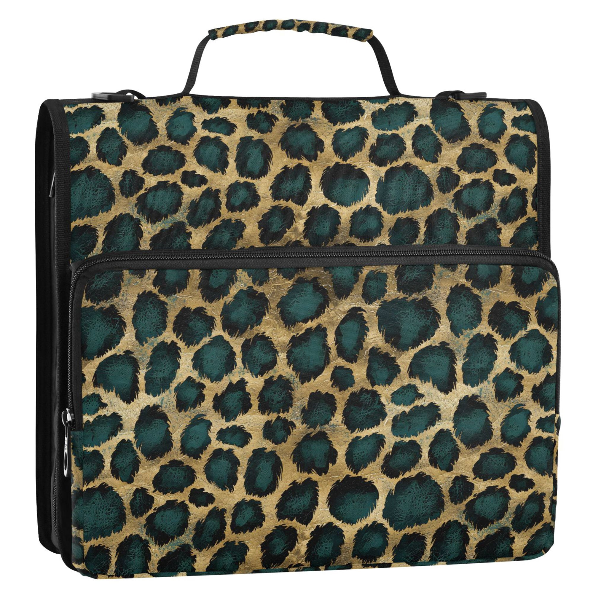 FORMRS Zipper Binder with Shoulder Strap 2-inch Ring 500 Sheet Capacity File Bag, Green Leopard Print