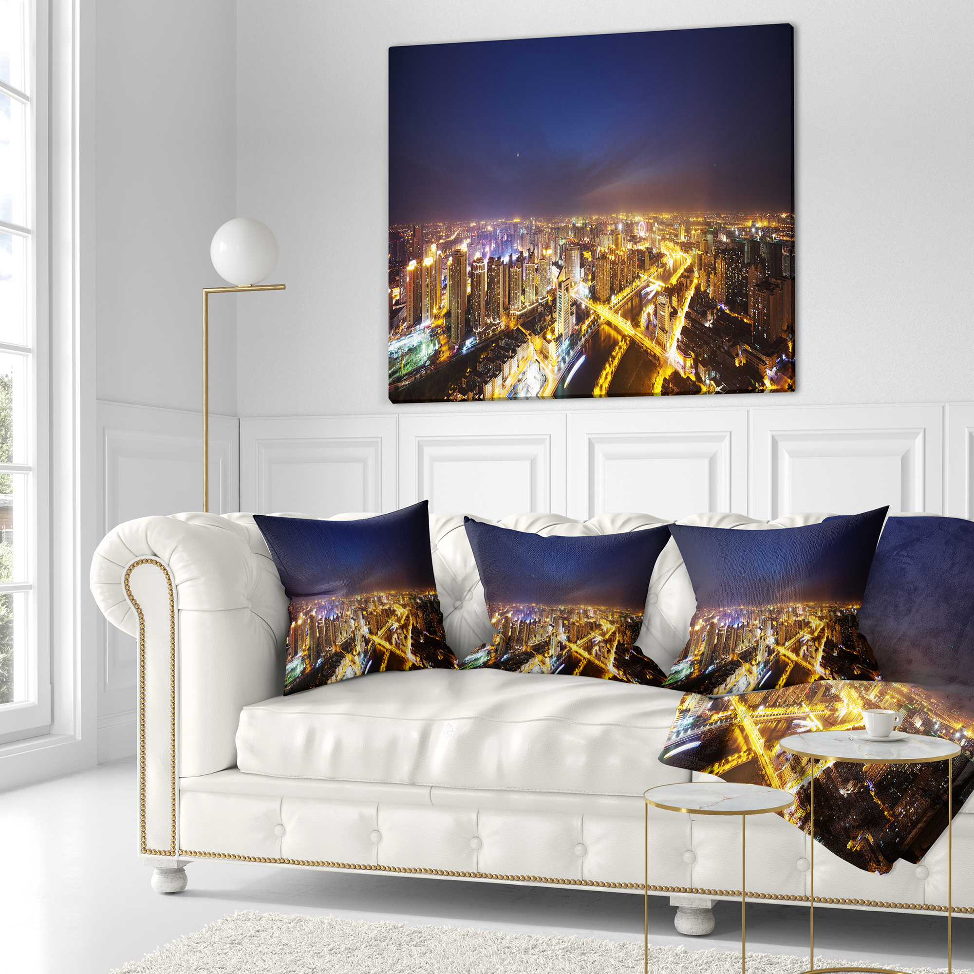 Designart Downtown Nighttime Panorama - Cityscape Throw Pillow - 18x18
