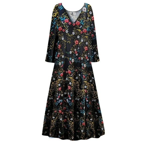 Plus size 4x Petite Womens Dress Golden Leaf Designer Print Long Sleeve Low V-Neck Princess Cut