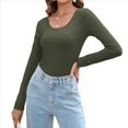 thumbnail image 3 of Camiseta de Cuello en U para Mujer, Camiseta de Larga de Color Liso, Suave, Elástica, Ropa Informal, Básica Verde XXL, 3 of 9