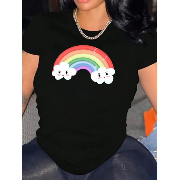 Camisetas para mujer, lindas camisetas con estampado gráfico, de manga corta, estilo casual, para veranoCreative Rainbow Graphic Print T-shirt, Casual Round Neck Short Sleeve Top, Women's ClothingFa