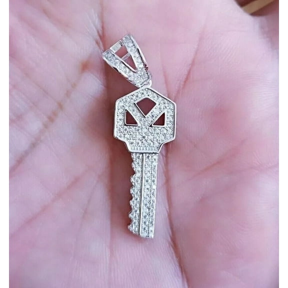2.00Ct Round Lab Created Diamond Key Pendant With 18"Chain 14K White Gold Plated