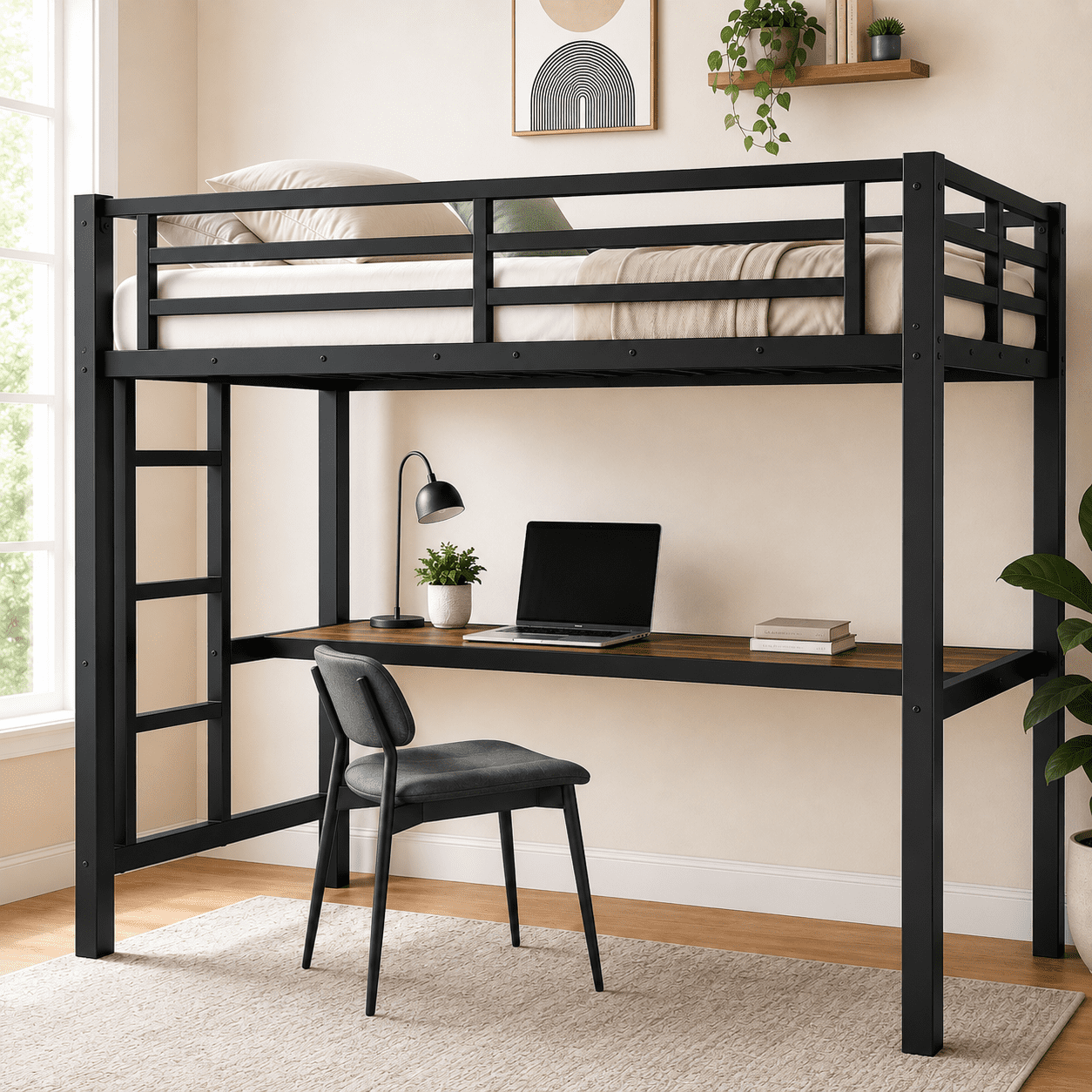 Ktaxon Twin Loft Bed with Desk, Metal Bunk Bed Frame with Shelf