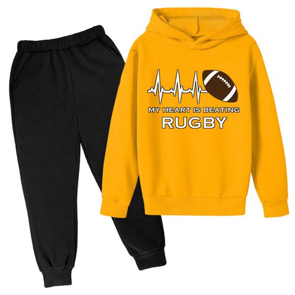 New Hooded Football Letter Printed Hoodie Pants Children'S Casual Two Piece Fashion Trend American Football Fans Sports Gift Boys Outfits&Set Yellow 110/4 Y—5 Y