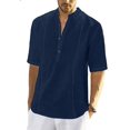 thumbnail image 1 of Camisas de lino para hombre, de manga corta, informales, de algodón, con botones, estilo henley, para playa, de verano, corte regular, 1 of 5