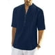thumbnail image 1 of Camisas de lino para hombre, de manga corta, informales, de algodón, con botones, estilo henley, para playa, de verano, corte regular, 1 of 5