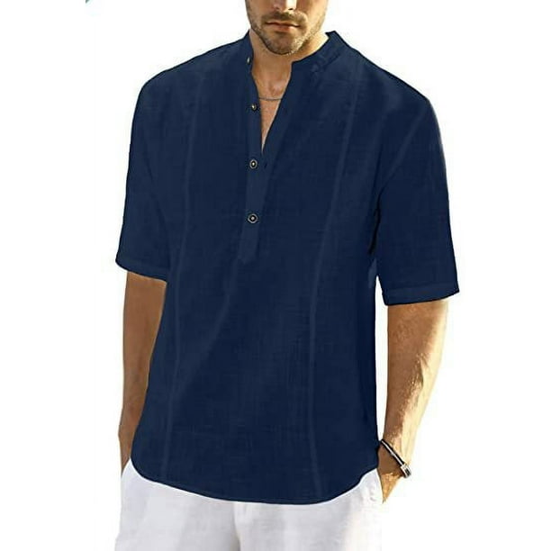 Camisas de lino para hombre, de manga corta, informales, de algodón, con botones, estilo henley, para playa, de verano, corte regular
