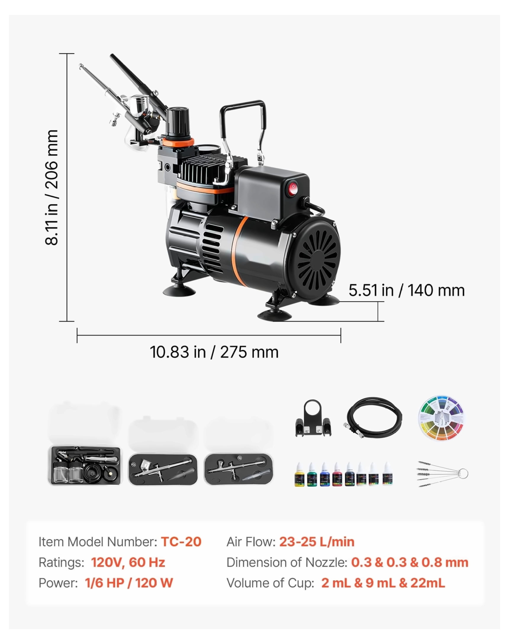 Airbrush Kit with Compressor, 1/6 HP - 3 Dual-Action Airbrushes, 3 Nozzles, Paint, for Cake Decorating, Model Painting, Nail Art