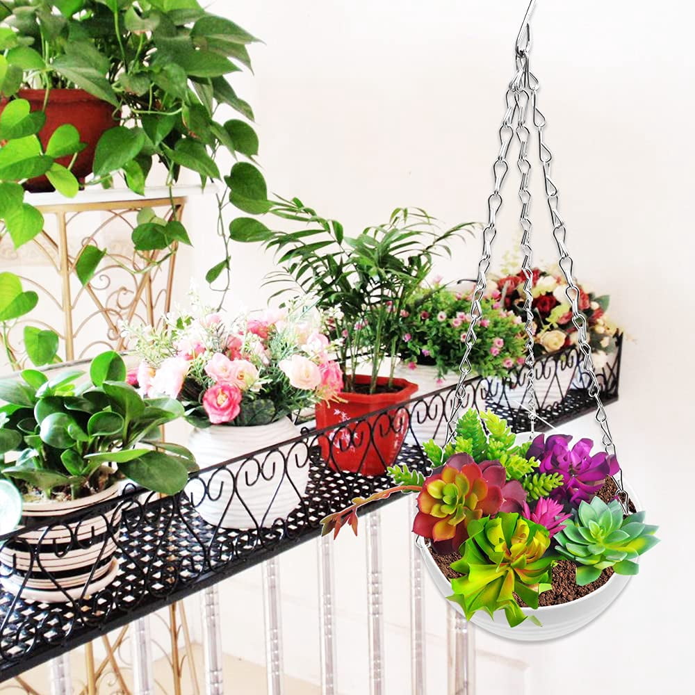 3 Pcs Hanging Planter Pots,Rongsi 8 inch Self-Watering Round Hanging Basket with Water Tray and Metal Chain,Succulent Flower Plant Pot Container for Indoor Outdoor Garden Balcony Wall Decor,White