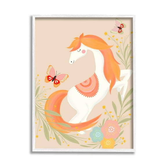 Stupell Industries Smiling Horse Floral Nature Butterflies Graphic Art White Framed Art Print Wall Art, Design by Nikita Jariwala