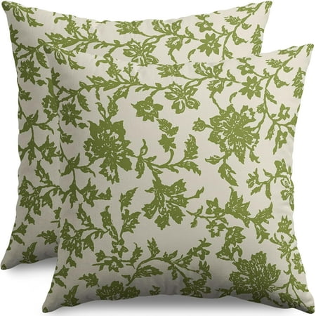 

Lime Green Floral Block Print Pillow Covers 16x16 Set of 2 Rustic Old Style Modern Vintage Flower Pattern Cream Decorative Throw Pillow Cases Outdoor Farmhouse Decoration for Sofa Couch Bed