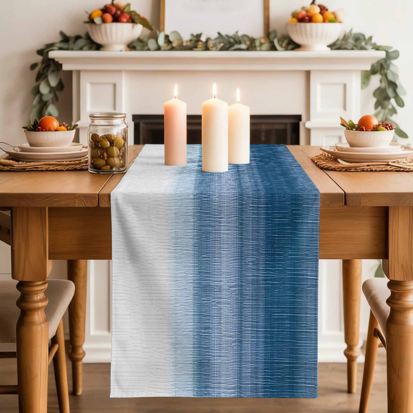 Haze Blue White Ombre Table Runner, Vintage Gradient Striped Aesthetics Washable Cotton Linen Table Runners 60 Inches Long, Dresser Scarf Runner for Coffee/TV Stands/Kitchen/Cabinets 13''x60''