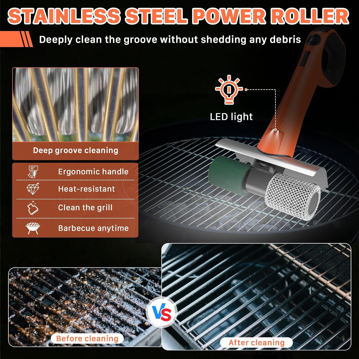 Grill Brush for Outdoor，Cordless Rechargeable Grill Brush with 3 Brush Heads, Grill Electric Cleaning Brushes Without Bristles, LED Light, Grill Scraper, Grilling Gifts for Men,Orange