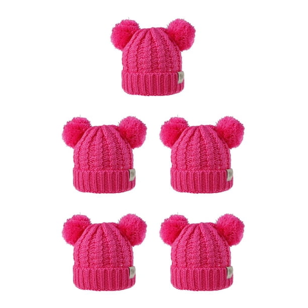 sweethay Gorro bonito y esponjoso con pompones y bolas para la cabeza, buena retención de calor, orejeras plegables, gorros de gran Rosa roja 5Conjunto