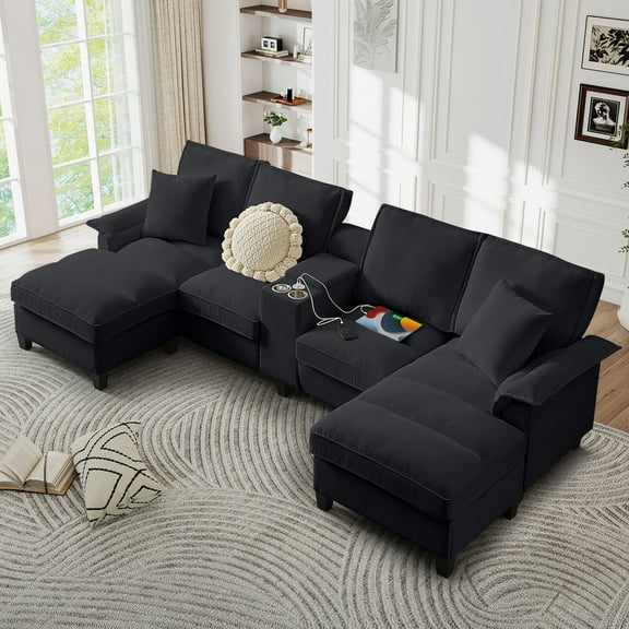 Muumblus 120" U-Shaped Sectional Sofa with USB & Storage, Living Room 4-Seater Couch with Double Chaise Lounge, Cup Holders, Black Corduroy