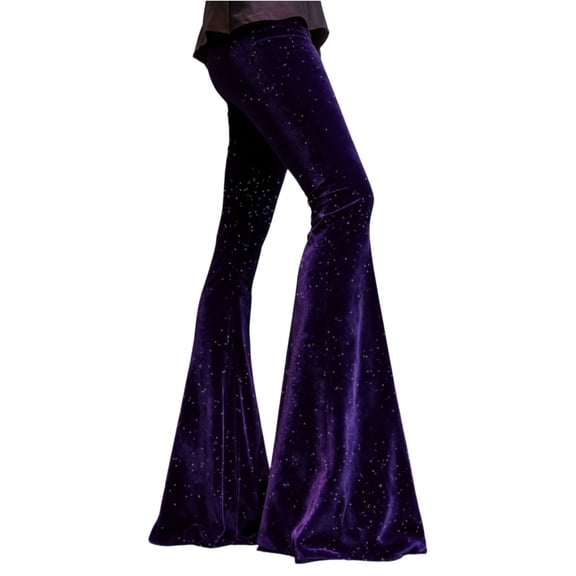 Womens Velvet Bell Bottom Pants Flared Leg High Waist Trousers Glitter Print Retro Style Trousers for Parties Events Purple S