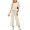 thumbnail image 5 of WULMLEO Womens 2 Piece Sets Spring Tops and Pants Crew Neck Cool Matching Outfits Travel Short Sleeve Summer Lounge Sets Beige L, 5 of 6
