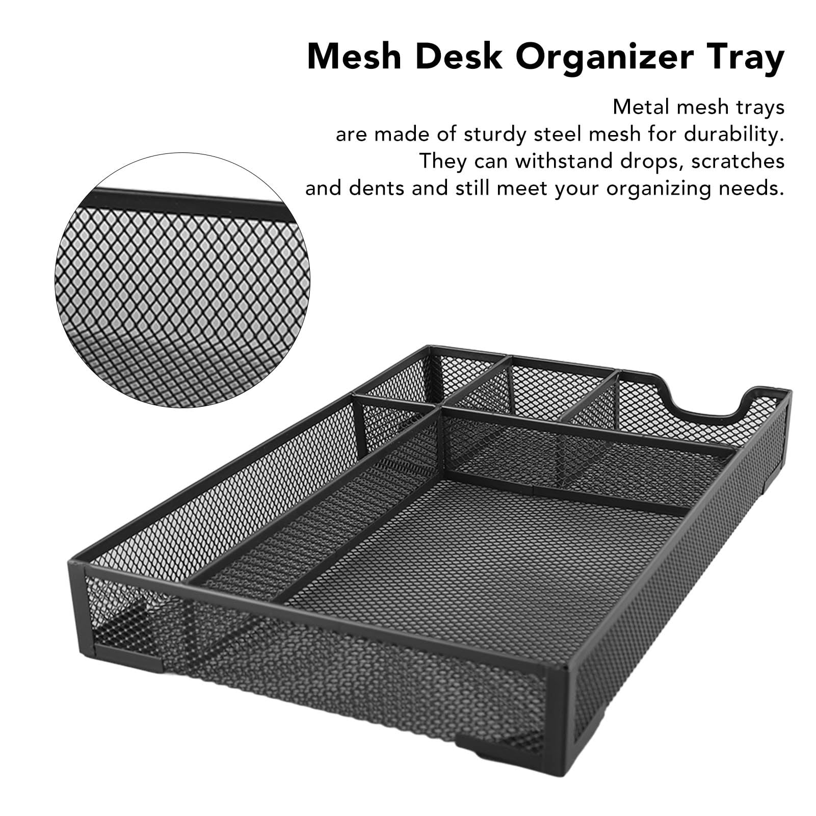 NFTIGB Metal Mesh Drawer Organizer Tray 5 Grids Multipurpose Stable Prevent Slip Desk Organizer Storage Basket Black for Office Stationery and Accessories (13 inches / 33 cm)