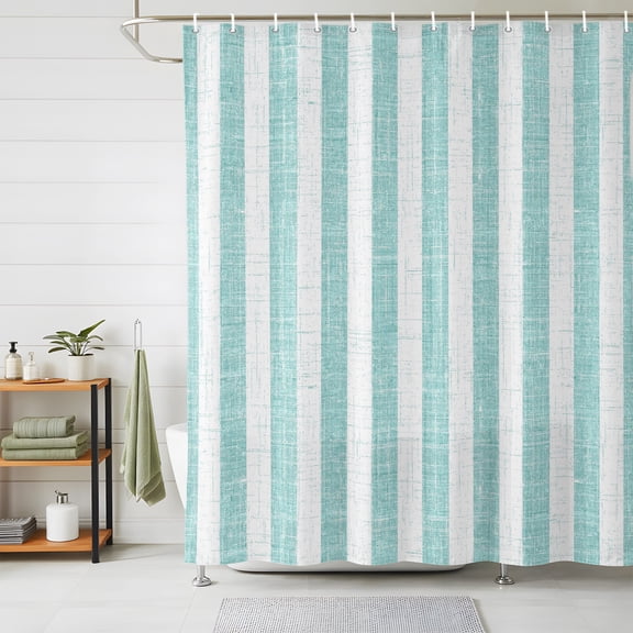 Shower Curtain Waterproof for Bathroom 72x72 Inch, Teal Blue Stripes Linen Bath Curtain for Bath Stalls and Tub Classic Vertical Striped Decorative Shower Curtains with Hooks