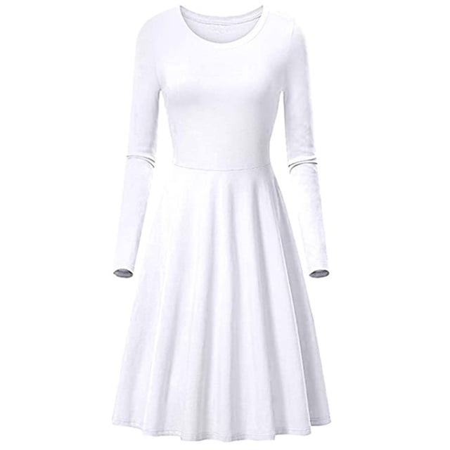 cfhntfmh Robes de Travail pour Femmes Détente Col Rond Manches Longues Robe de Bureau Grande Taille Décontractée Plissée Couleur Unie Robe Ligne A