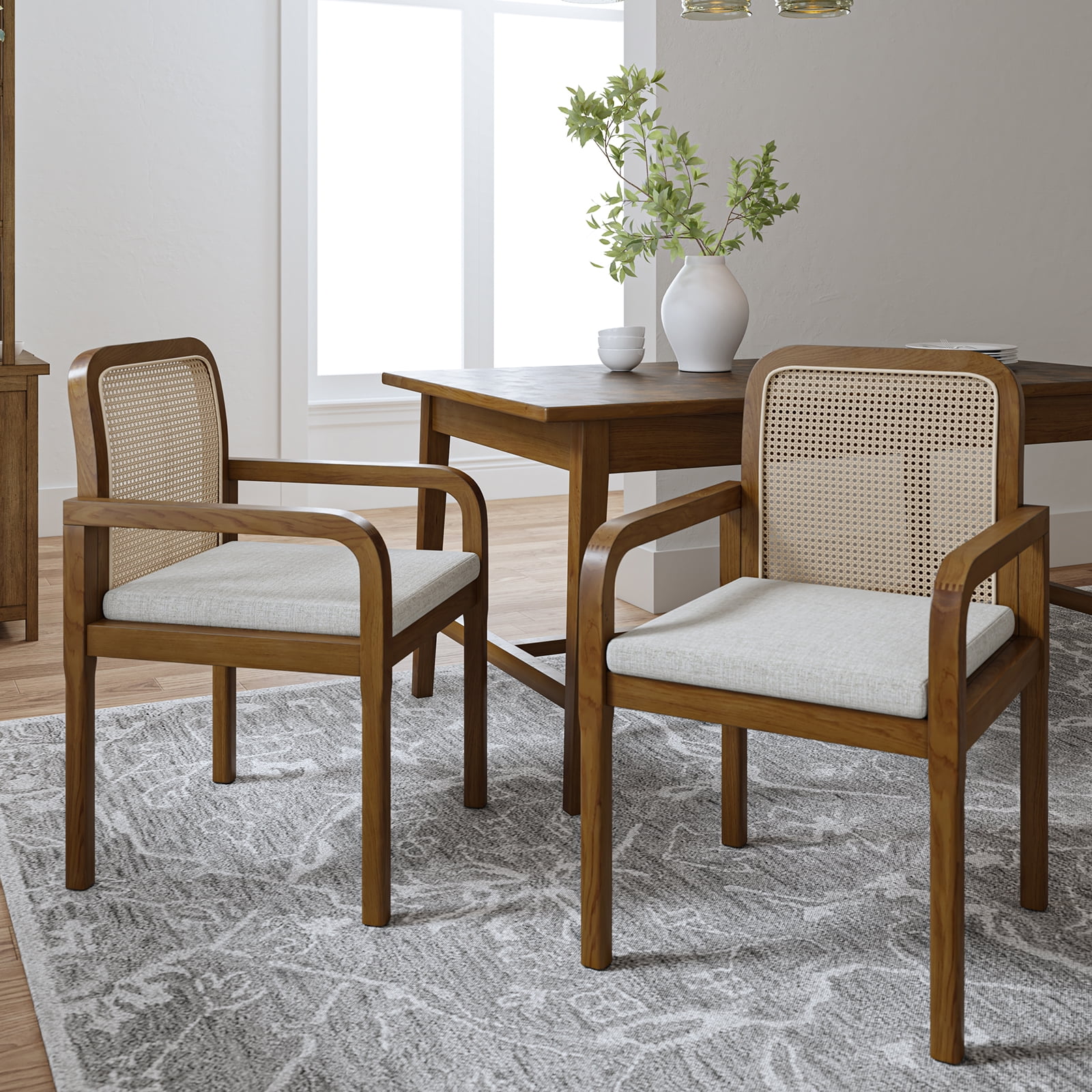 Tina's Home Rattan Dining Chairs Set of 2 Wooden Armchairs Removable Cushion Home Kitchen Restaurant Acorn