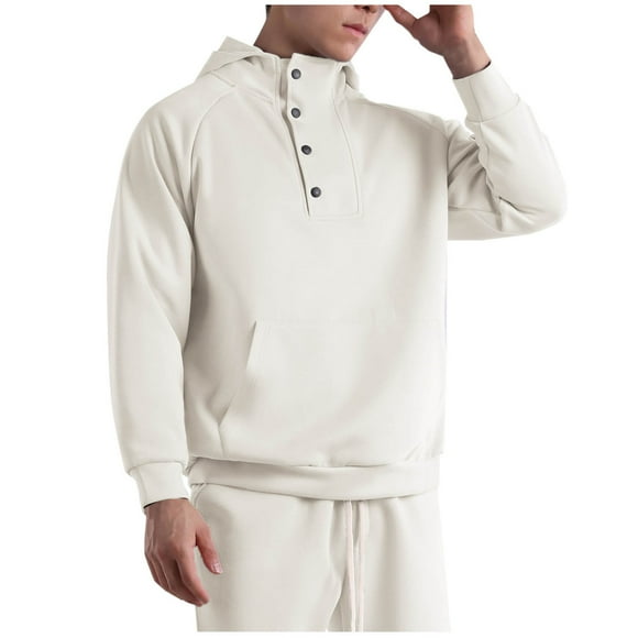 BADHUB Men's 1/4 Button Up Hoodies Cotton Solid Long Sleeve Casual Sweatshirts Drop Shoulder Hooded Pullver with Kangaroo Pocket Fall Savings Beige,XXXL