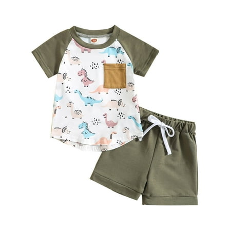 

Boys Outfits Summer Short Sleeve Car Dinosaur Prints T Shirt Tops With Shorts Clothes Size 90 Green