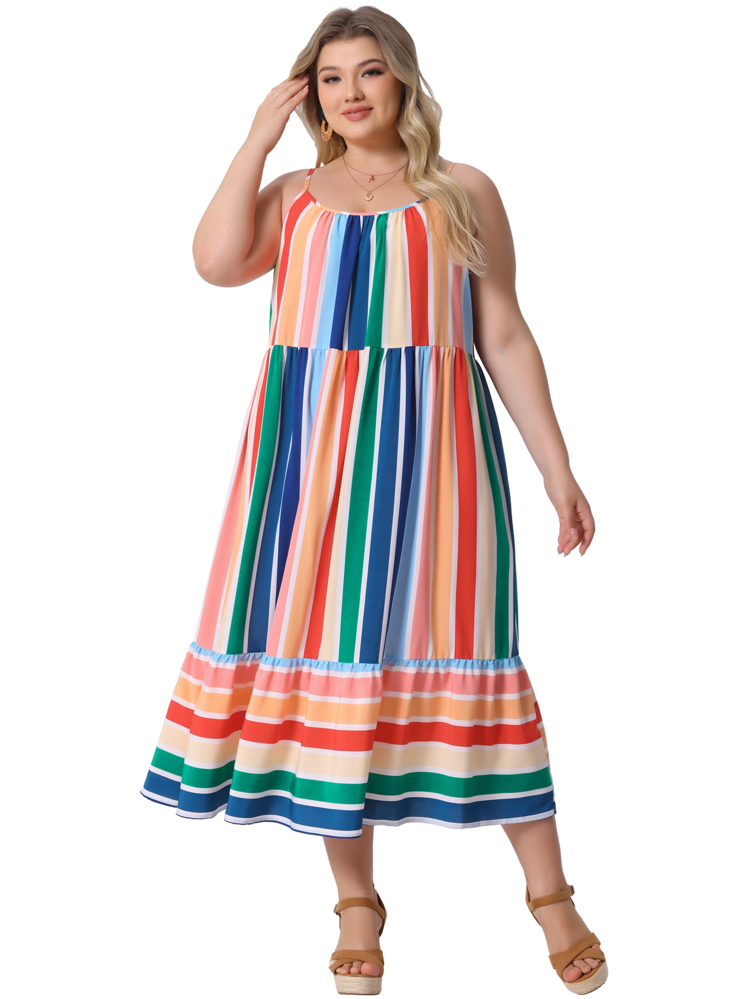DARING DIVA Plus Size Sleeveless Bohemian Straps Cami Dress 2X Green Pink
