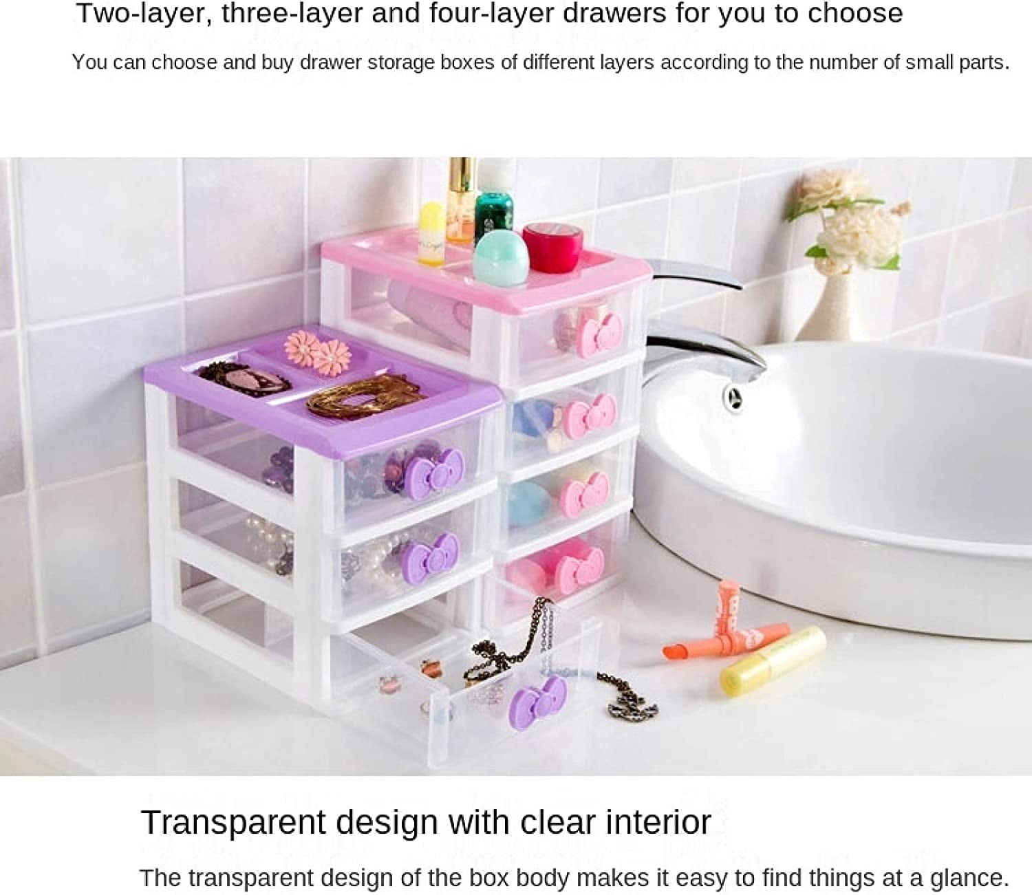 ABCISI Kawaii Desk Organizer, Kawaii Room Accessories Room Decor with Pink Bowknot , Lovely Girls Receiving Storage Cabinets Box, Room Desktop Makeup Organizer With Three-tier Desk (3 Layers)
