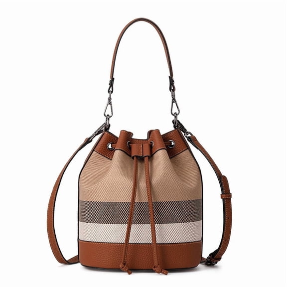 Genuine Leather & Canvas Bucket Bag, Women's Plaid Drawstring Shoulder Crossbody Purse