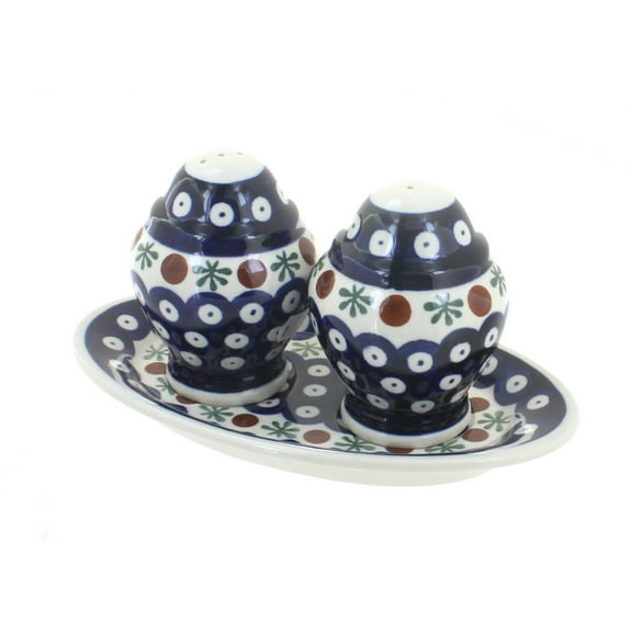 Blue Rose Polish Pottery Nature Salt & Pepper Shakers with Plate