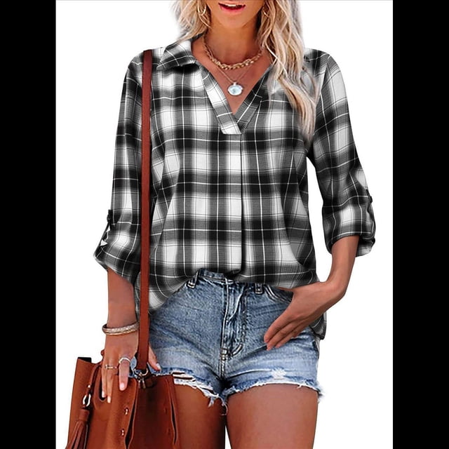 Blusa Holgada de Larga con Cuello en V y Estampado Collage de Otoño para Mujer Negro XL