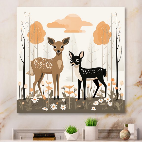 Designart "Nursery Art with Deer Family" Animals Wall Art - Modern Brown Deer Entryway Wall Art