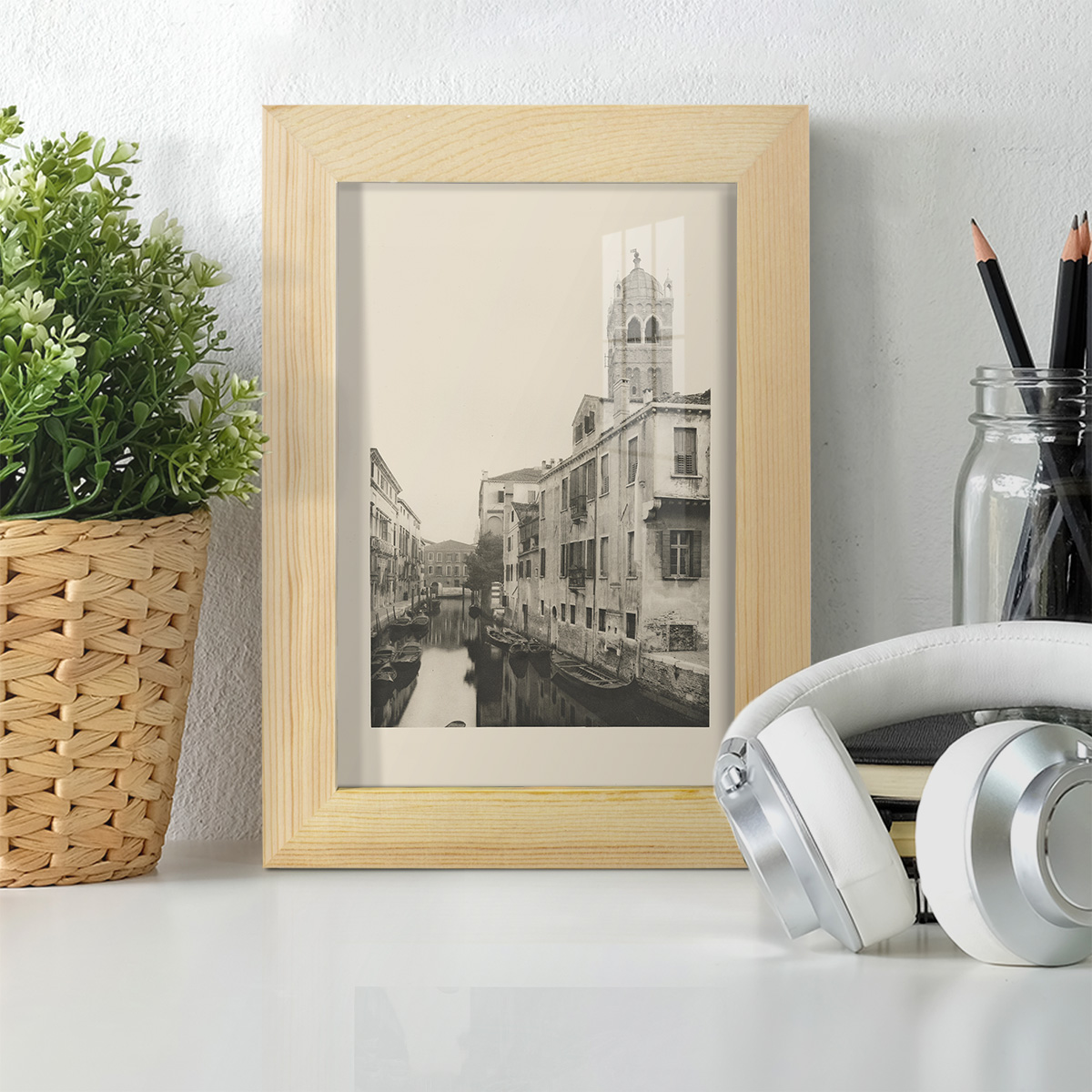 Vintage Views of Venice VII - Framed Print w/glass - Natural Wood