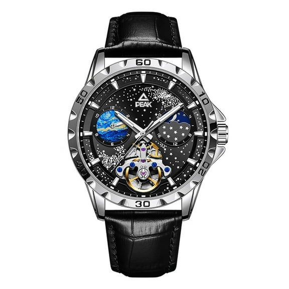 GZFCMY PEAK Skeleton Automatic Self-Winding Mechanical Movement Men Wrist Watch Business Stainless Steel Leather Mineral Glass Mirror Waterproof Clock Man Luminous Moon Phase