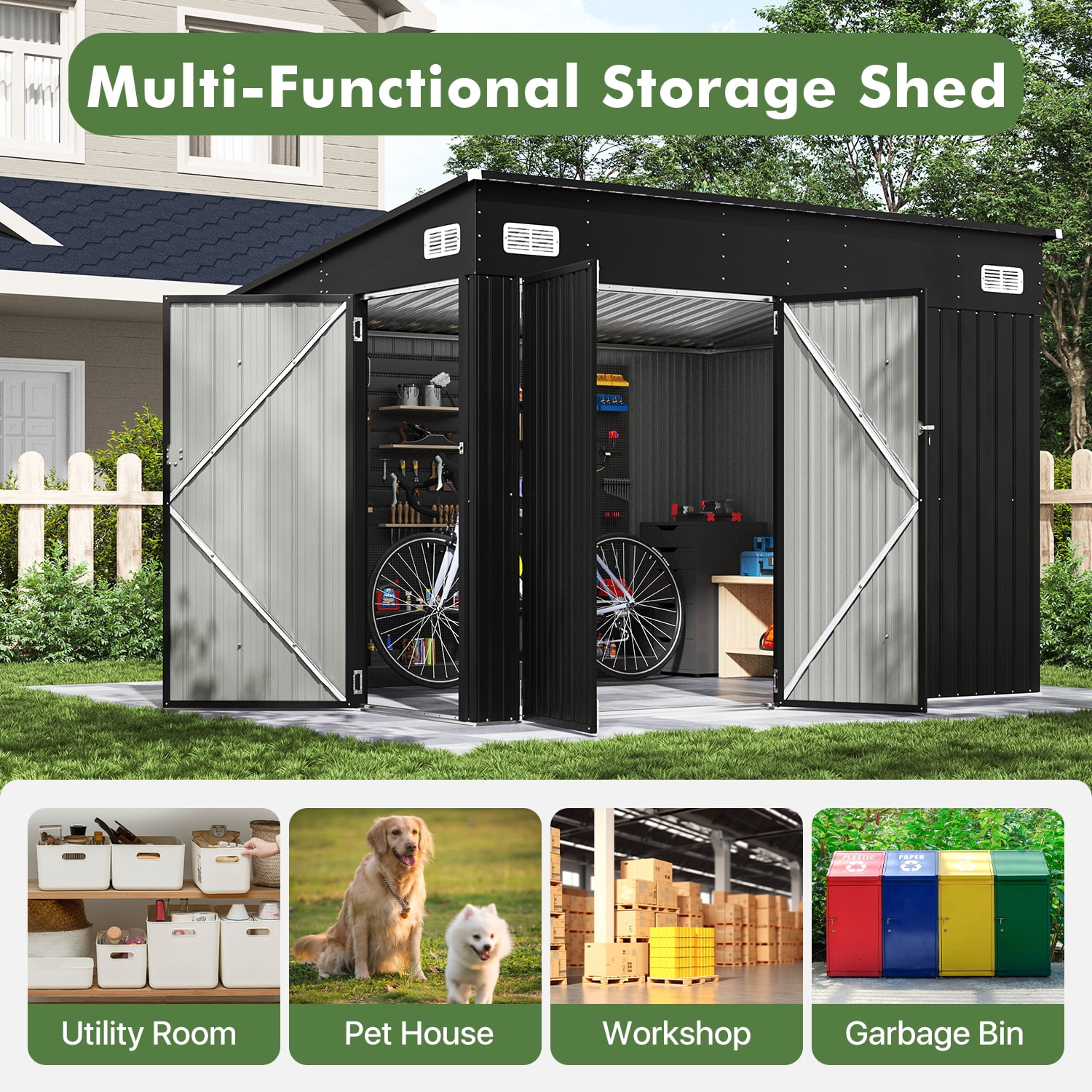 BaPiPro 10'x8' Lean-to Metal Storage Shed, Outdoor Lockable Shed with Triple Doors & Vents for Garden, Backyard, Patio - Black