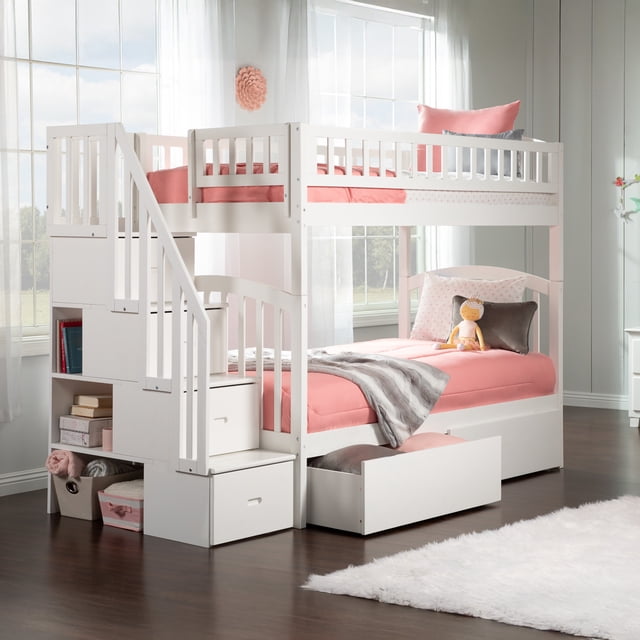 AFI Westbrook Escalier en Bois Rangement Couchette Jumeau sur Jumeau en Blanc