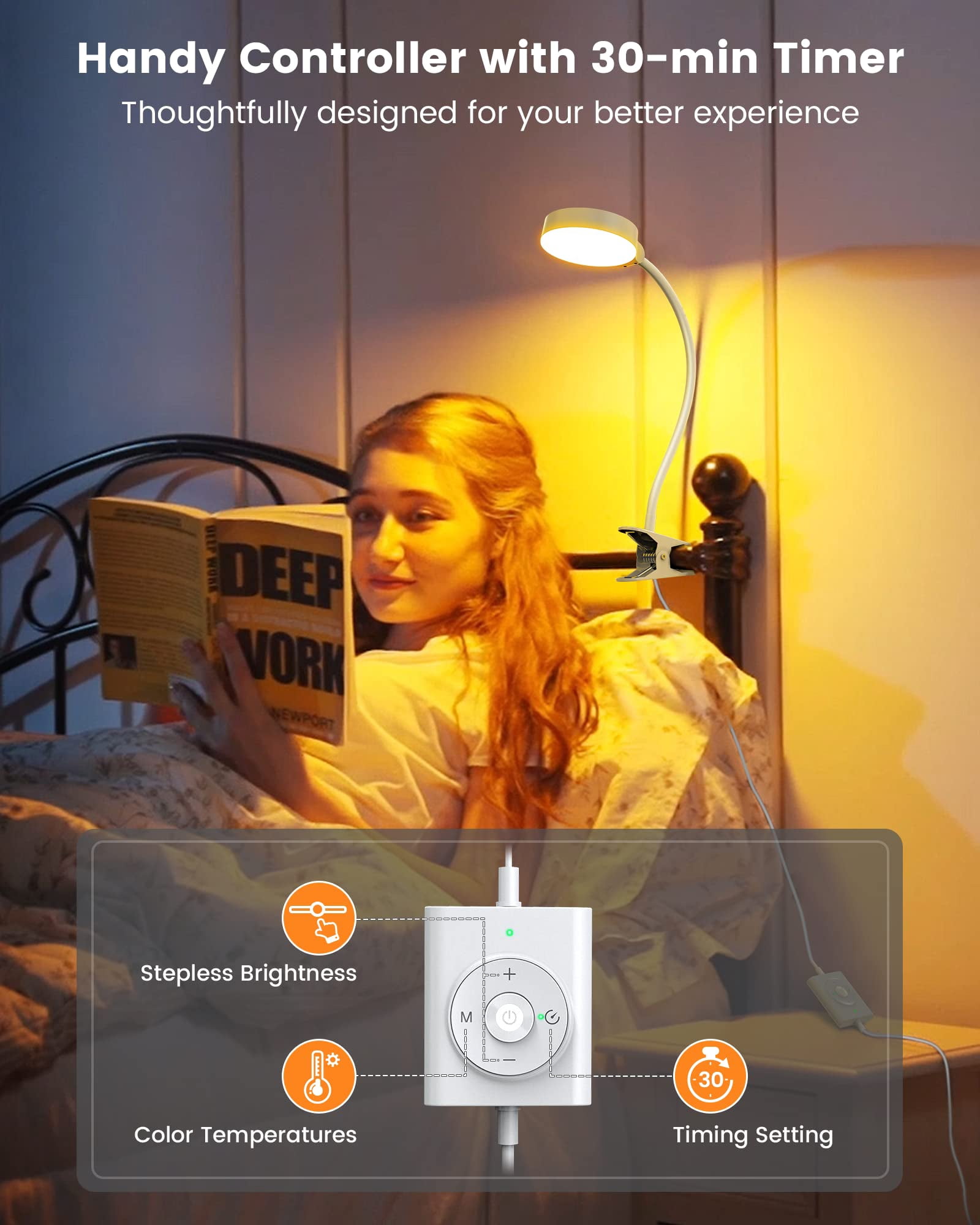 Glocusent 5W Clip on Light, 36LED Eye Caring Reading Light for Bed, 3 Colors & 5 Brightness Clip on Lamp with Adapter, Perfect Reading Light for Bed Lamp/Bunk Bed Light