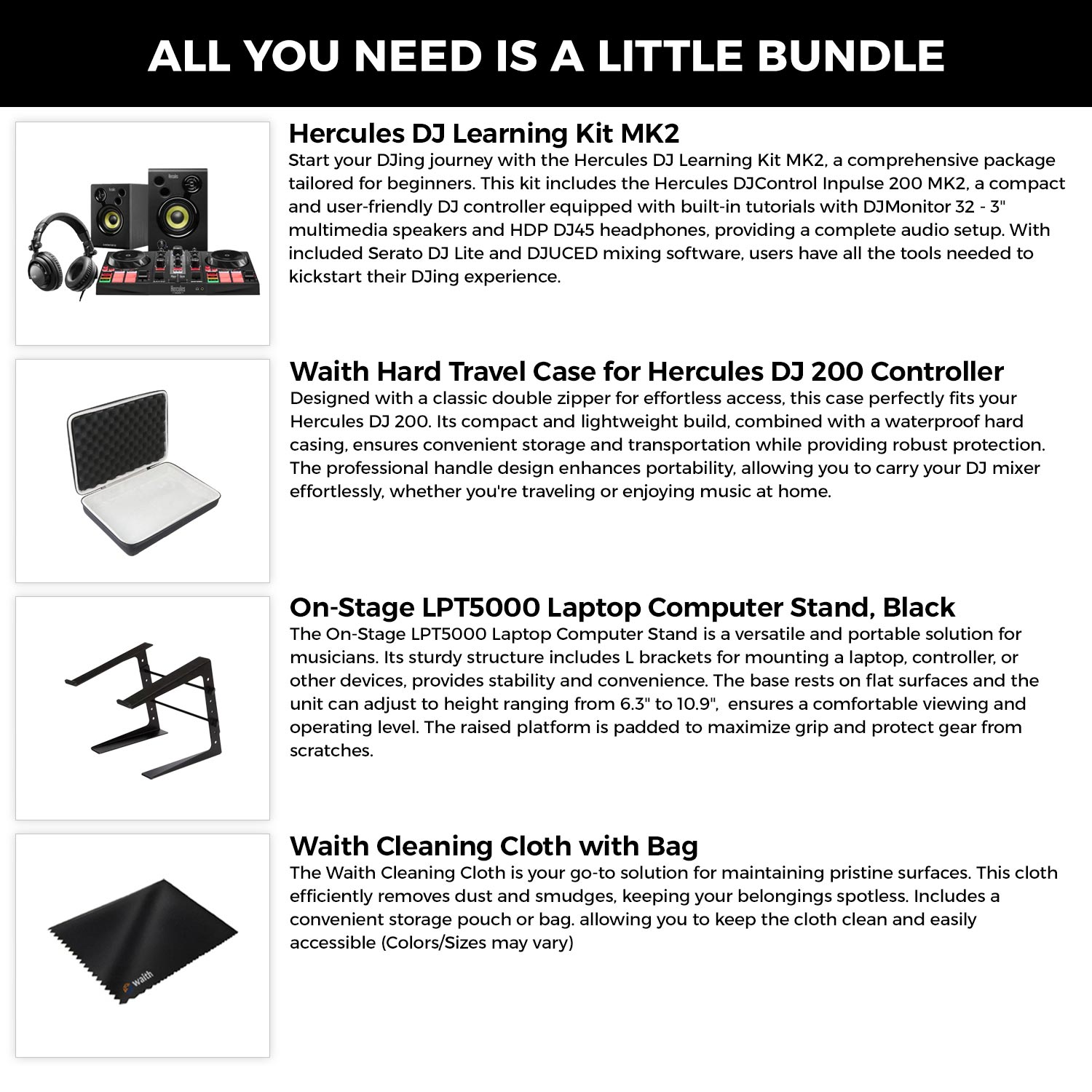 Hercules All in One DJ Learning Kit - Inpulse 200MK2 DJ Controller with On-Stage Laptop Stand, Waith Hard Travel Case and Waith Cleaning Cloth - Serato DJ Lite & DJUCED Software Included (Bundle Set)
