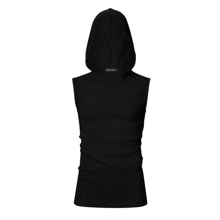 Yong Horse Men Casual Cotton Solid Sleeveless Sport Hooded Tank Top Black S Color:Black Size:2XL
