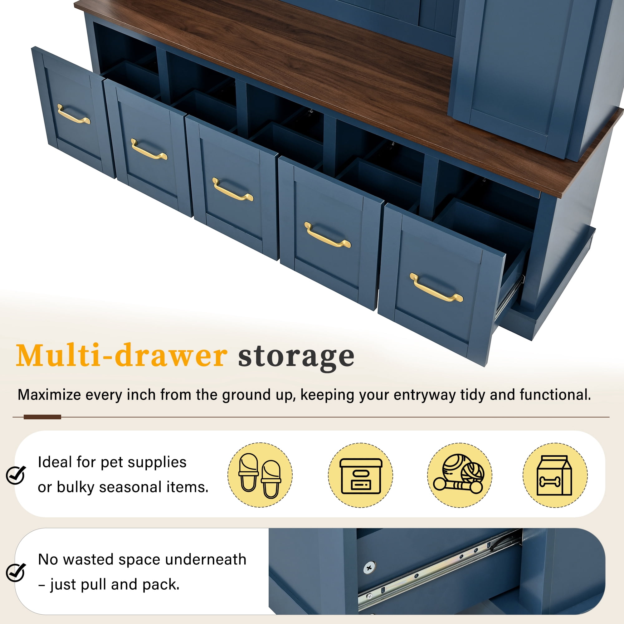 HOQBN 79"H Entryway Hall Tree with 5 Coat Hooks,Shoe Bench & 5 Drawer Storage Cabinet, All-in-One Storage Organizer Coat Rack for Hallway, Living Room,Blue