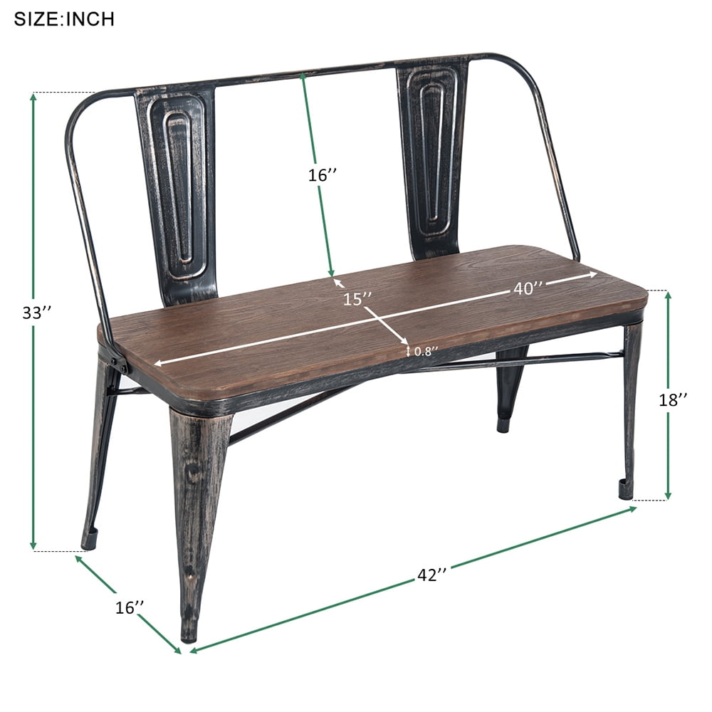Kepooman Rustic Vintage Style Distressed Dining Table Bench with Wooden Seat Panel and Metal Backrest & Legs Kepooman Rustic Vintage Style Distressed Dining Table Bench with Wooden Seat Panel and Metal Backrest & Legs