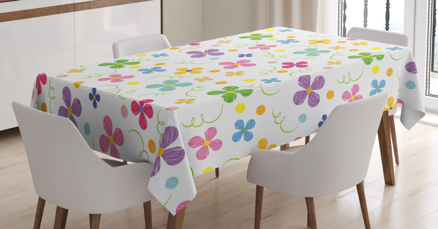 Kids Tablecloth, Spring Inspired Sketch Art Style Daisy Blossoms and
