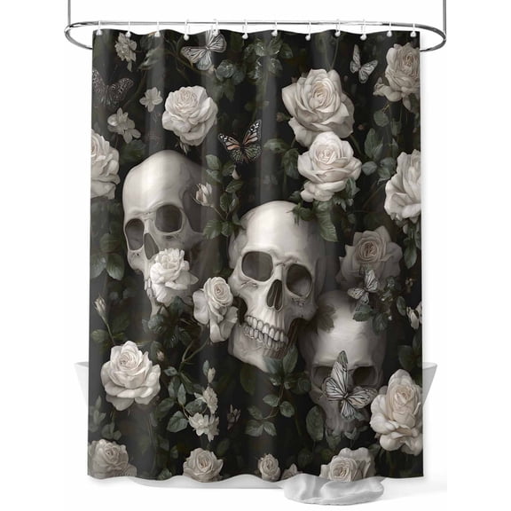 Fsddascl Halloween Skull Shower Curtain Set - 72" x 78" Washable Bathtub Curtain with 12 Hooks, Retro White Rose Flower Horror Fall Waterproof Fabric Stall Shower Curtains for Bathroom/Bathtub Décor