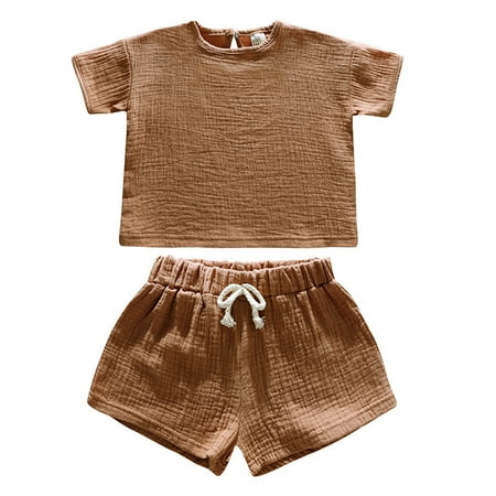 Confree Toddler Girls Outfits Solid Color Short Sleeved Round Neck Tops And Shorts Sets Summer Dailywear Soft Breathable Casual Child Girls Outfit Size 3-4 Years Brown