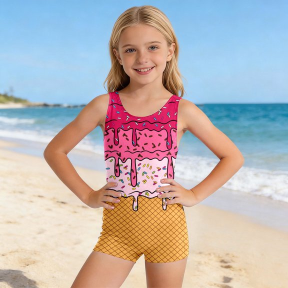 MEZZALL Children Girls One-Pieces Monokini Youth Beach Swimwear Swimsuit Ice Cream Pattern And Comfortable Fit Sun Swimwear Summer Stylish Bathing Suit Beachwear